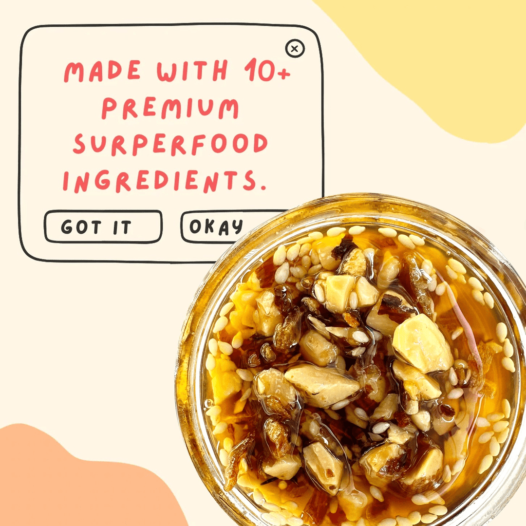 Made with 10+ Premium Superfood Ingredients. Jar with Peanut Crunch Sauce.