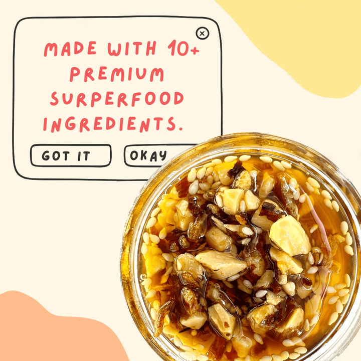 Made with 10+ Premium Superfood Ingredients. Jar with Peanut Crunch Sauce.